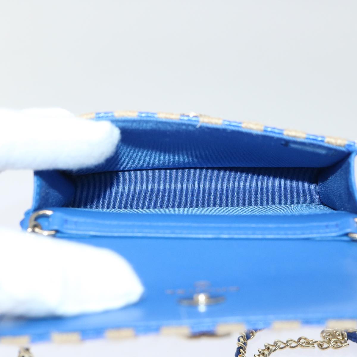 CHANEL Chain Shoulder Bag Raffia Blue Beige CC Auth 51139SV