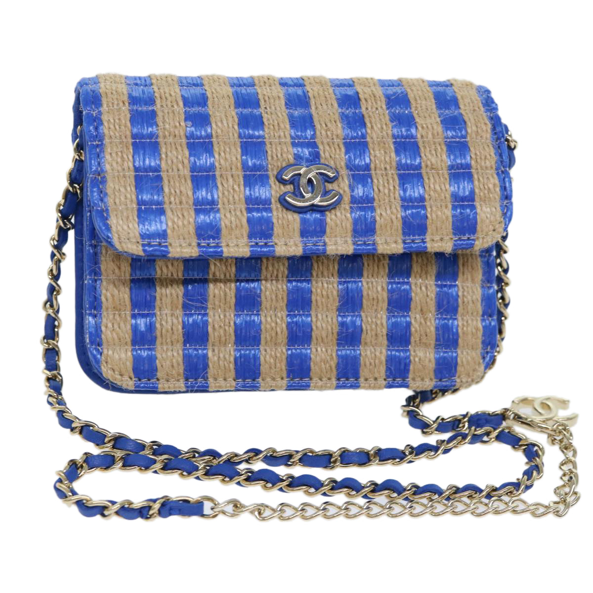 CHANEL Chain Shoulder Bag Raffia Blue Beige CC Auth 51139A