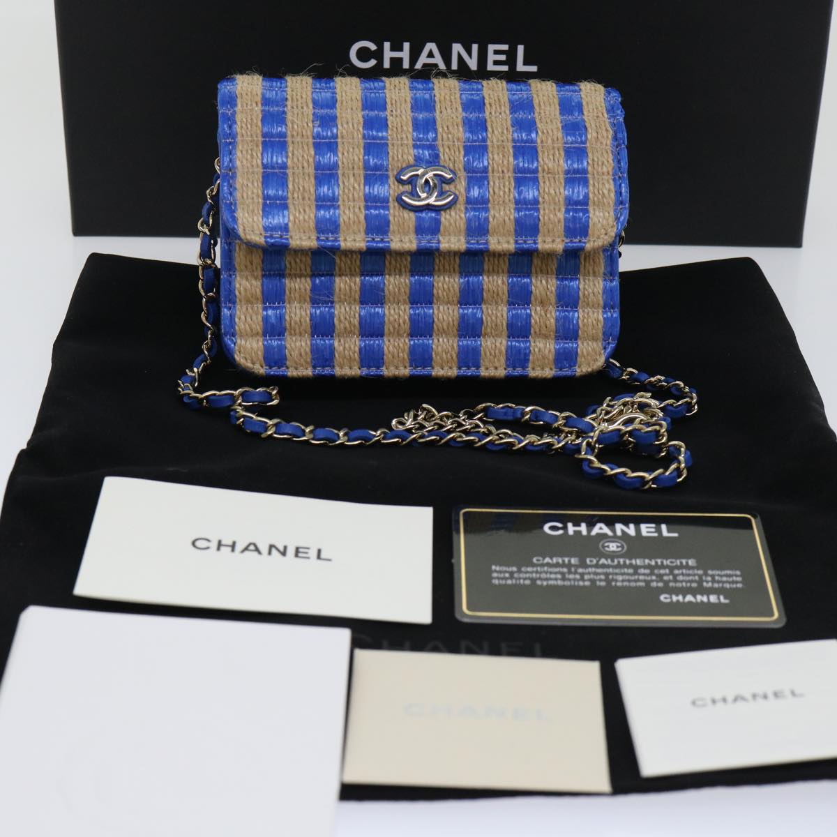 CHANEL Chain Shoulder Bag Raffia Blue Beige CC Auth 51139SV