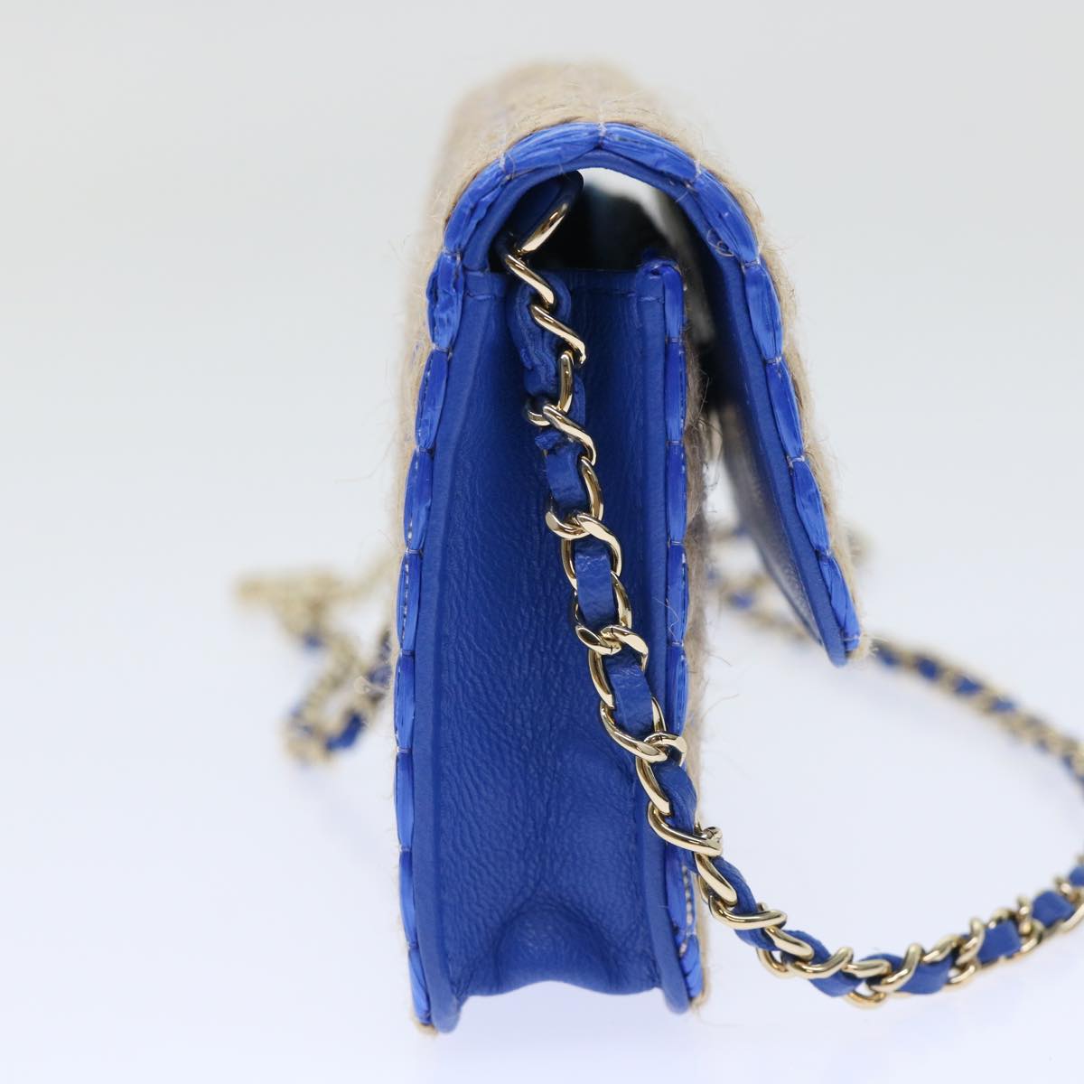 CHANEL Chain Shoulder Bag Raffia Blue Beige CC Auth 51139SV