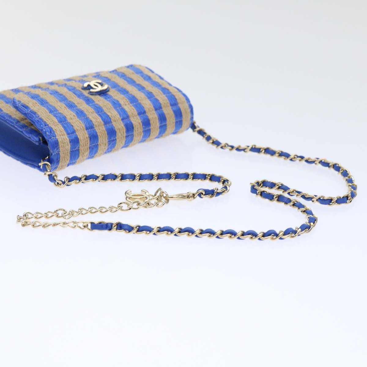 CHANEL Chain Shoulder Bag Raffia Blue Beige CC Auth 51139SV