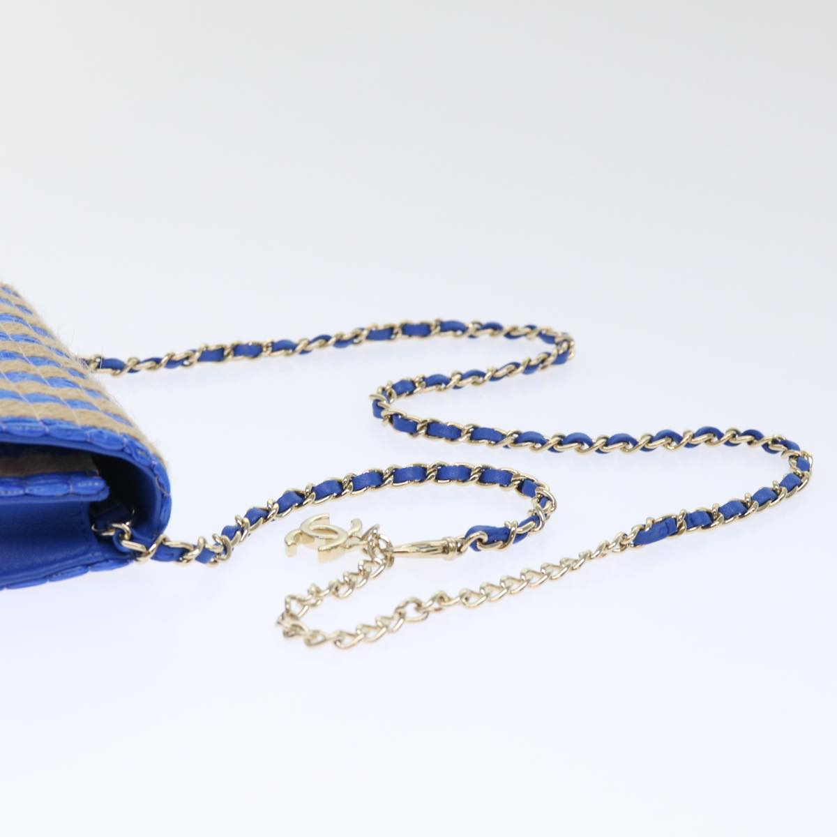CHANEL Chain Shoulder Bag Raffia Blue Beige CC Auth 51139SV