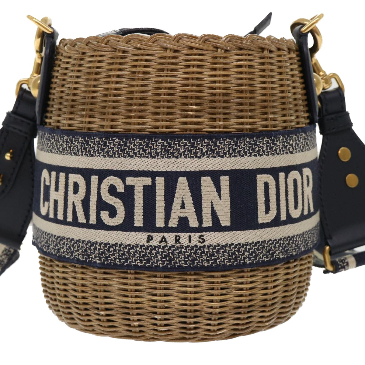 Christian Dior Basket Bag Trotter Canvas Shoulder Bag Rattan Blue Auth 51270A