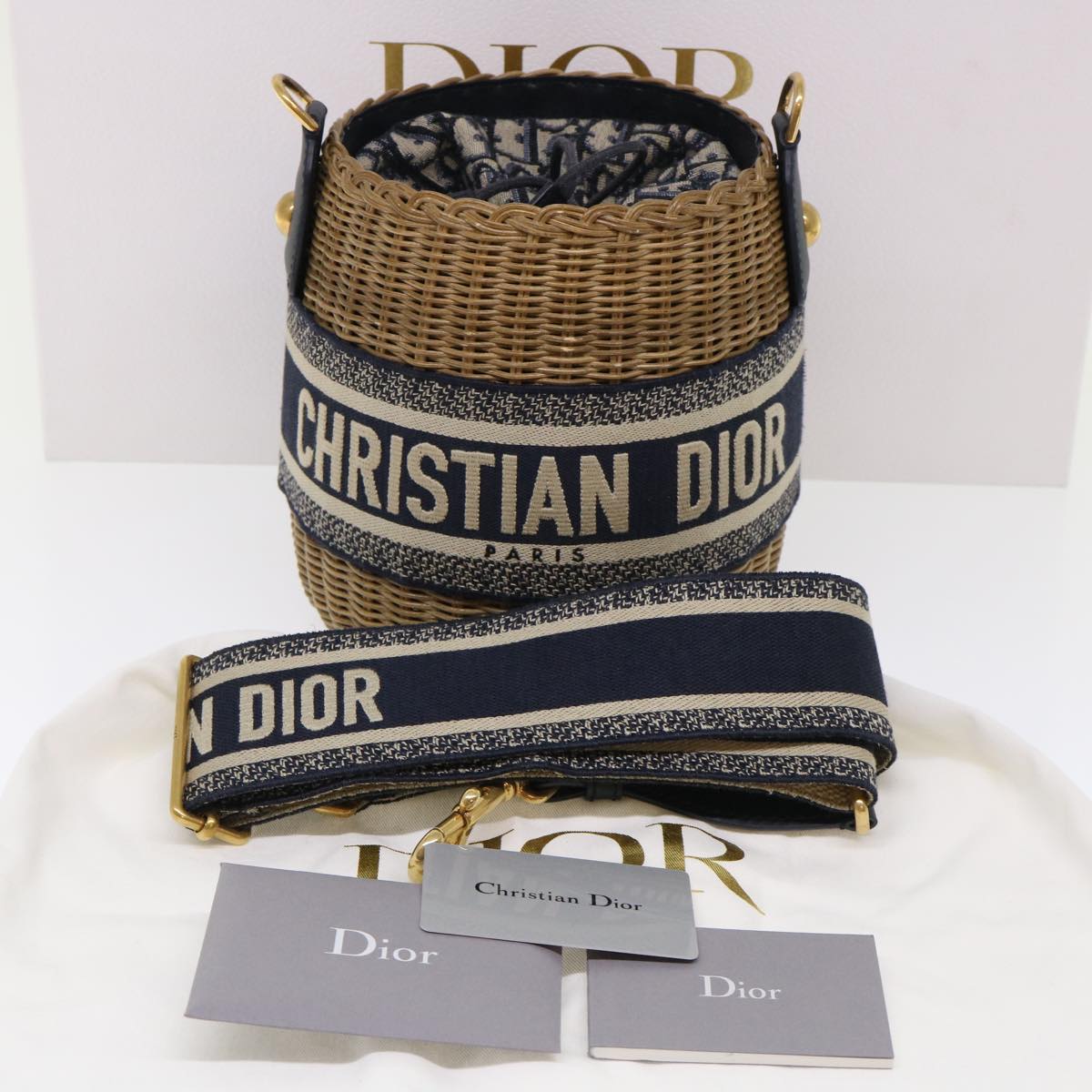 Christian Dior Basket Bag Trotter Canvas Shoulder Bag Rattan Blue Auth 51270A