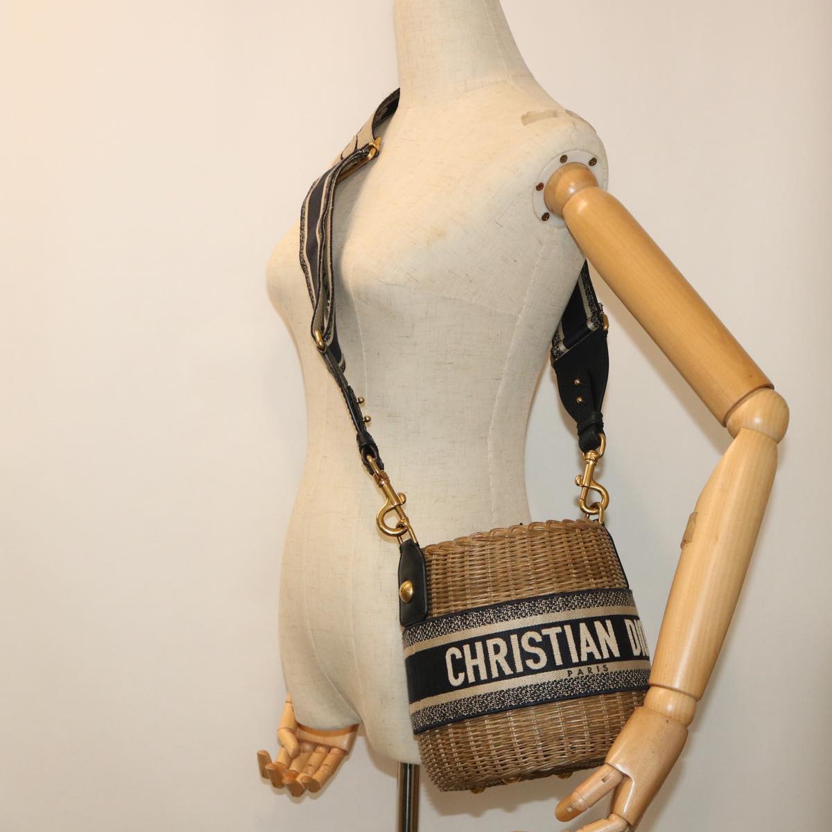 Christian Dior Basket Bag Trotter Canvas Shoulder Bag Rattan Blue Auth 51270A