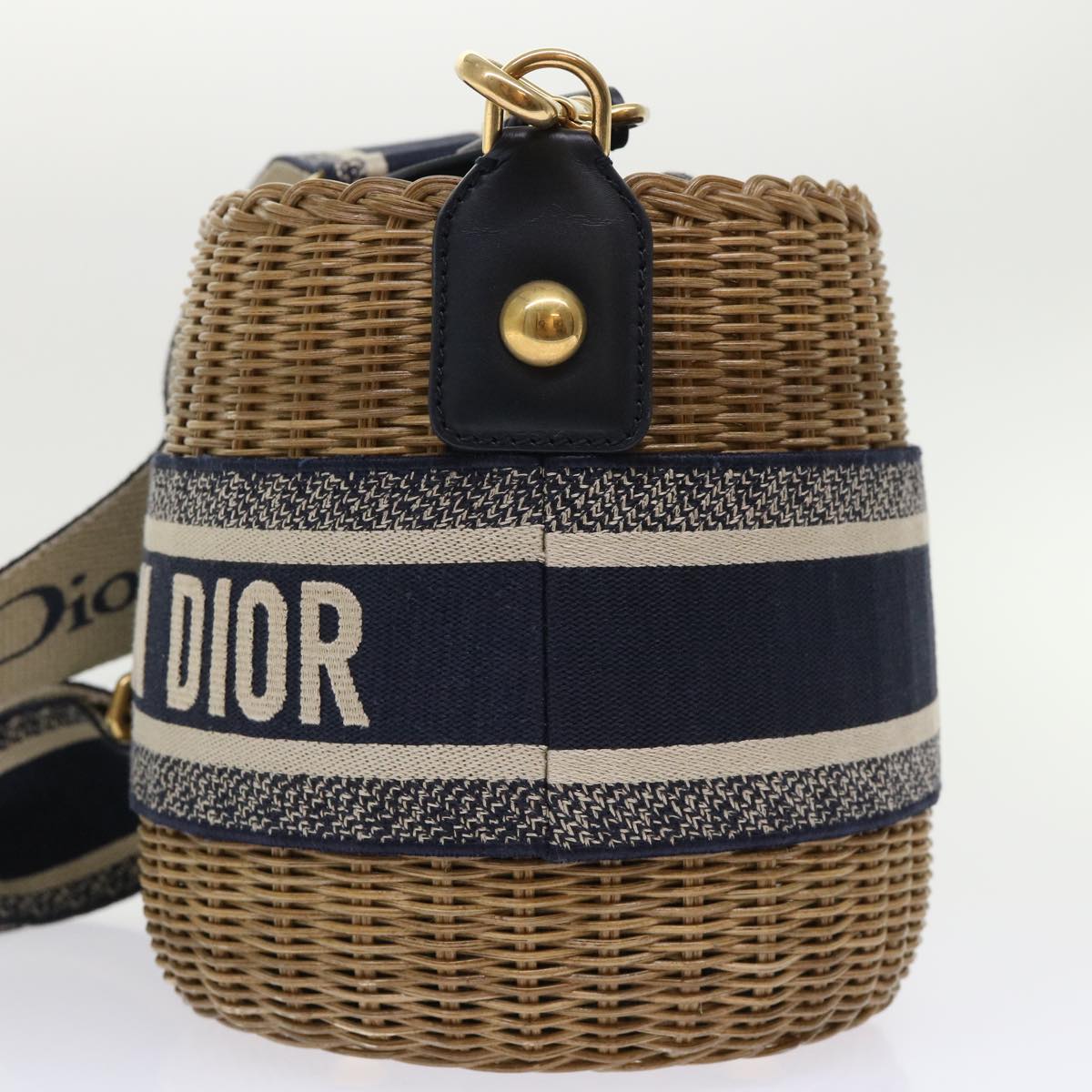 Christian Dior Basket Bag Trotter Canvas Shoulder Bag Rattan Blue Auth 51270A