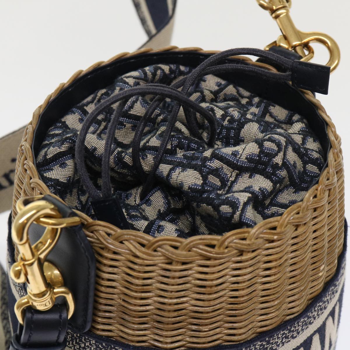 Christian Dior Basket Bag Trotter Canvas Shoulder Bag Rattan Blue Auth 51270A