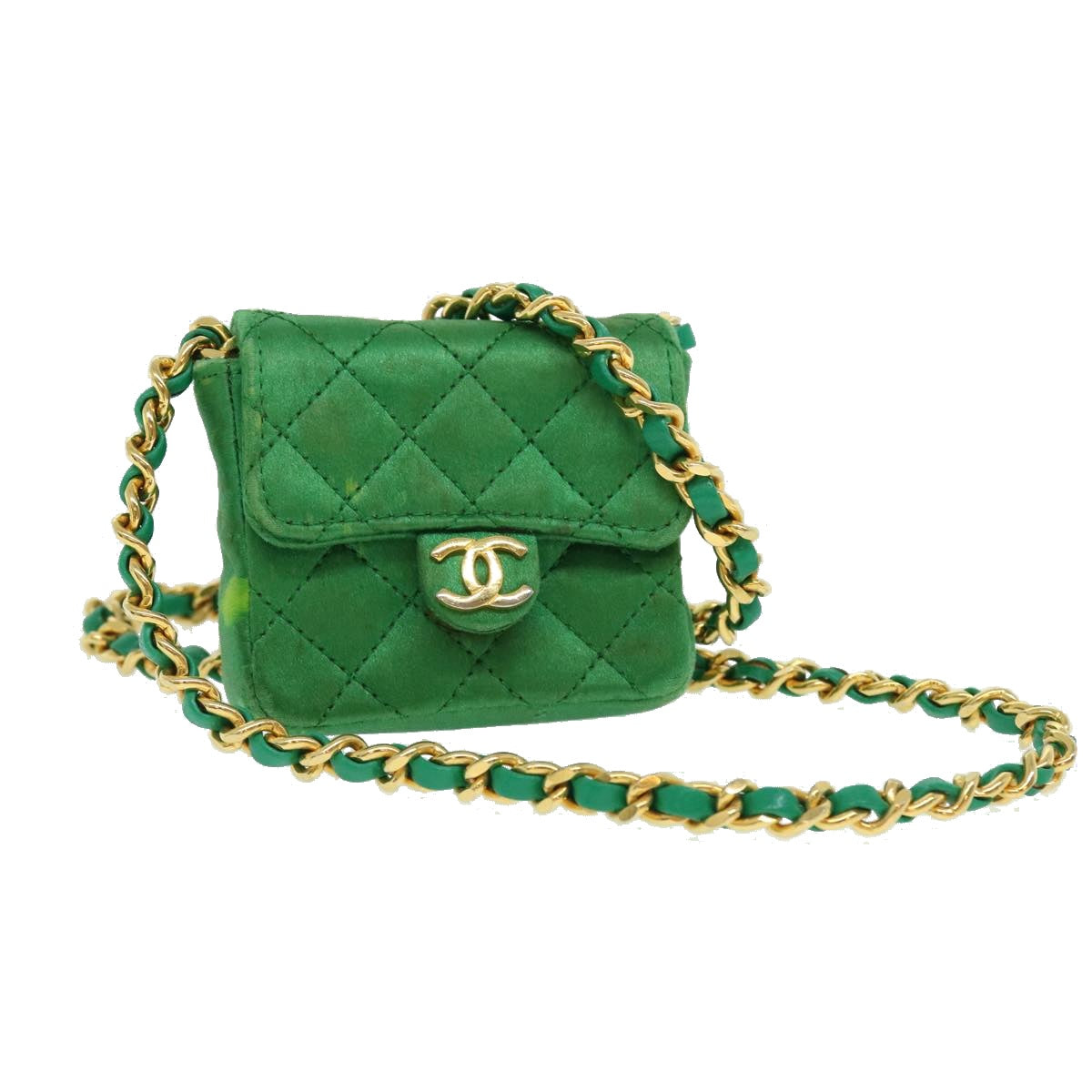 CHANEL Mini Matelasse Chain Pouch Shoulder Bag Satin Green Gold CC Auth 51271A