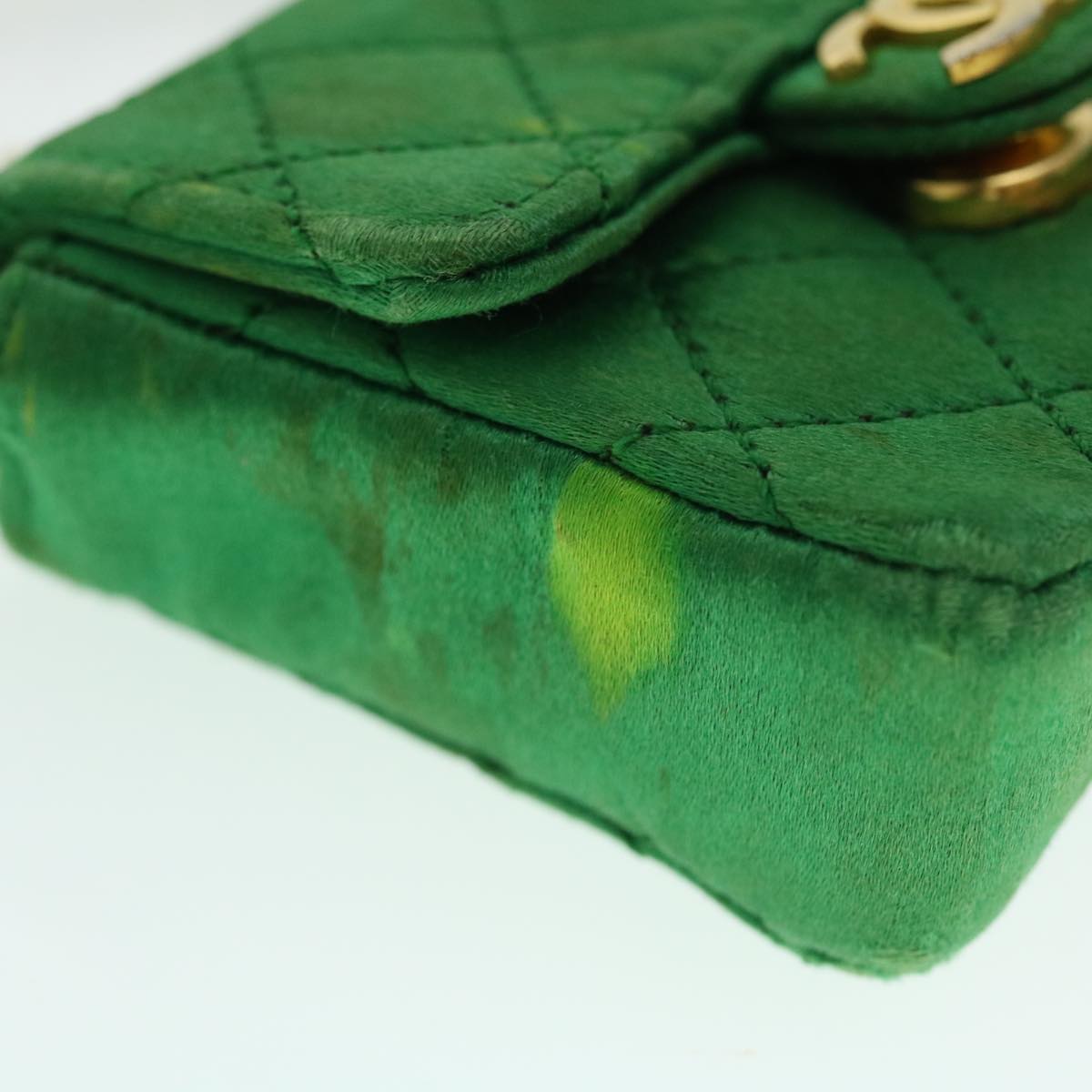 CHANEL Mini Matelasse Chain Pouch Shoulder Bag Satin Green Gold CC Auth 51271V
