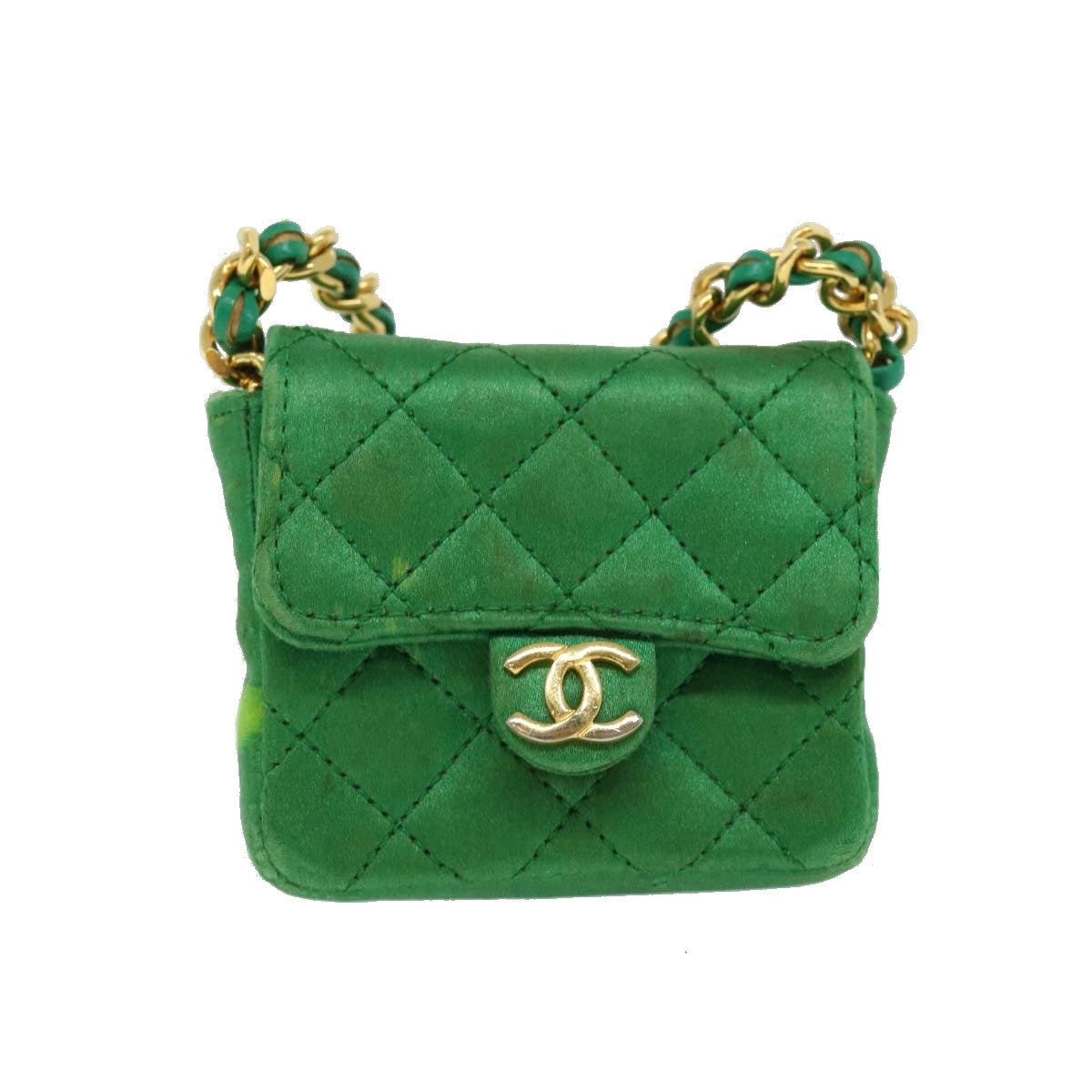 CHANEL Mini Matelasse Chain Pouch Shoulder Bag Satin Green Gold CC Auth 51271V