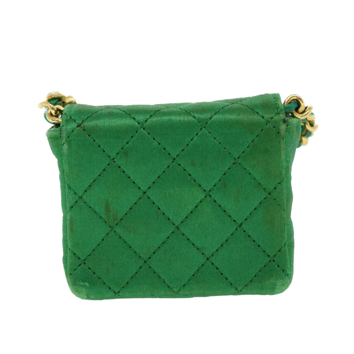 CHANEL Mini Matelasse Chain Pouch Shoulder Bag Satin Green Gold CC Auth 51271A