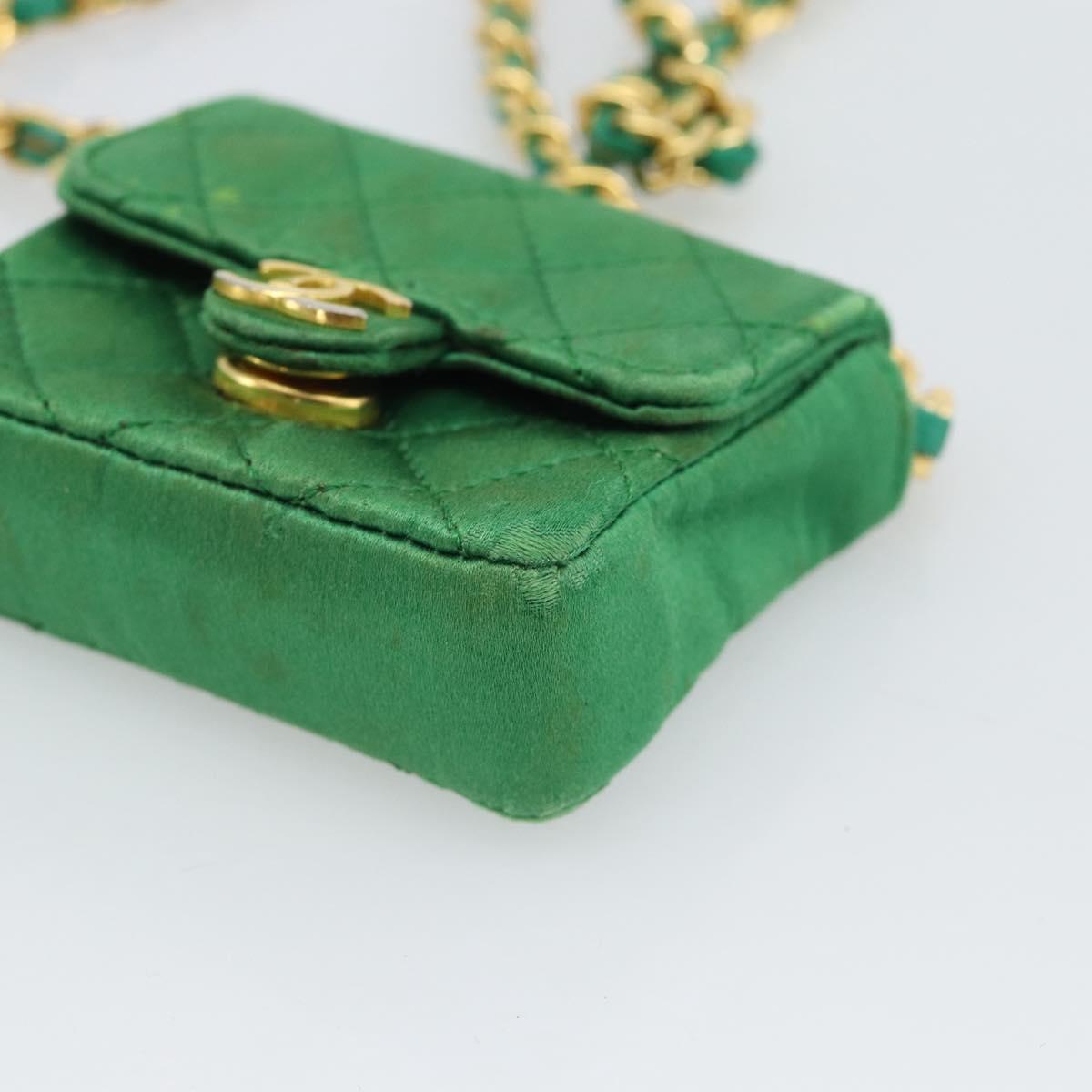 CHANEL Mini Matelasse Chain Pouch Shoulder Bag Satin Green Gold CC Auth 51271V