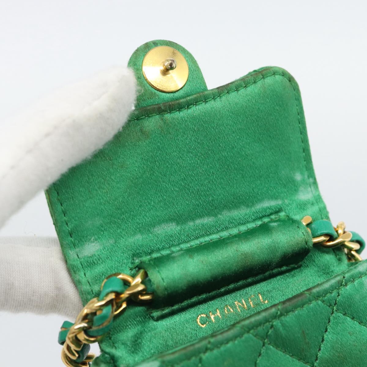 CHANEL Mini Matelasse Chain Pouch Shoulder Bag Satin Green Gold CC Auth 51271V
