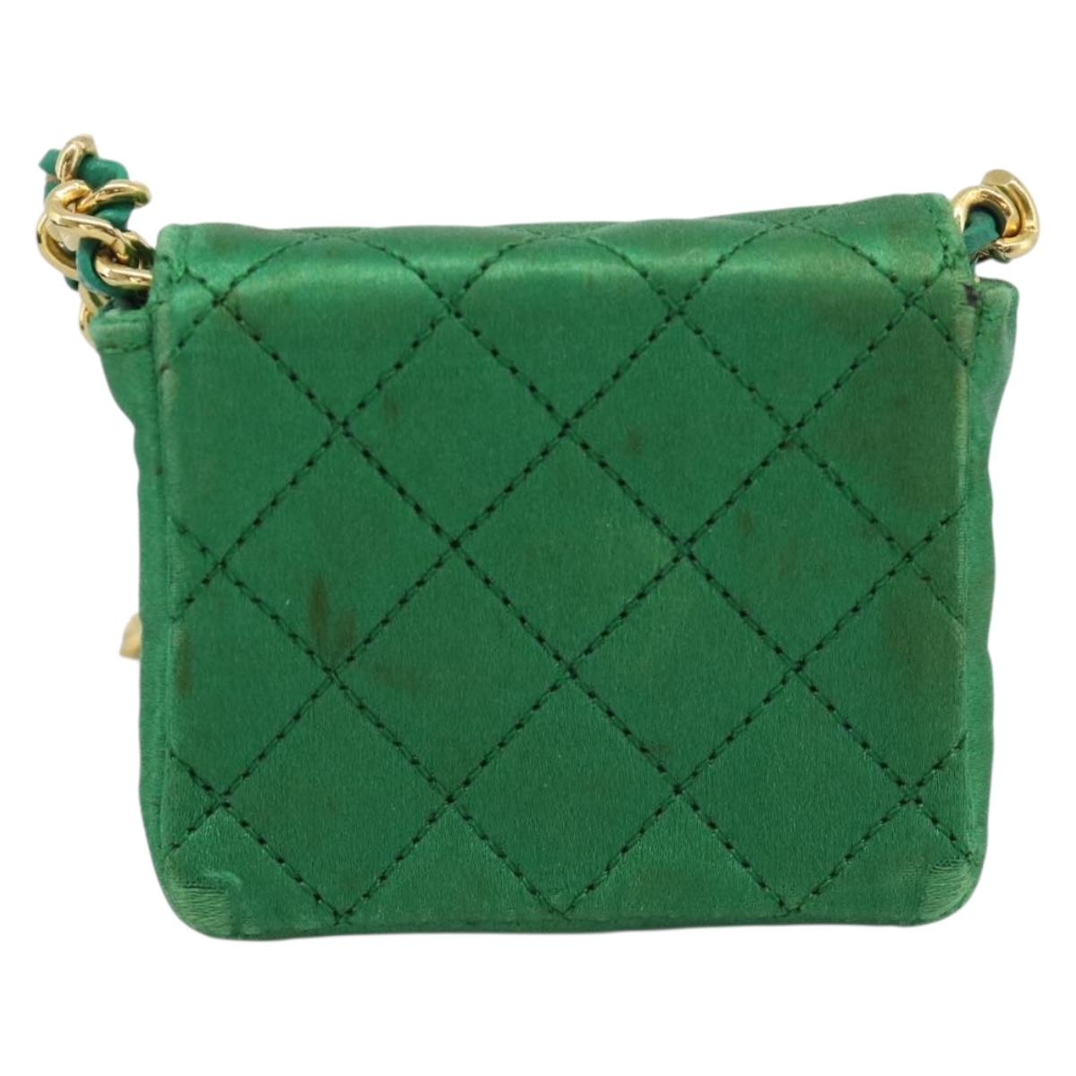 CHANEL Mini Matelasse Chain Pouch Shoulder Bag Satin Green Gold CC Auth 51271V