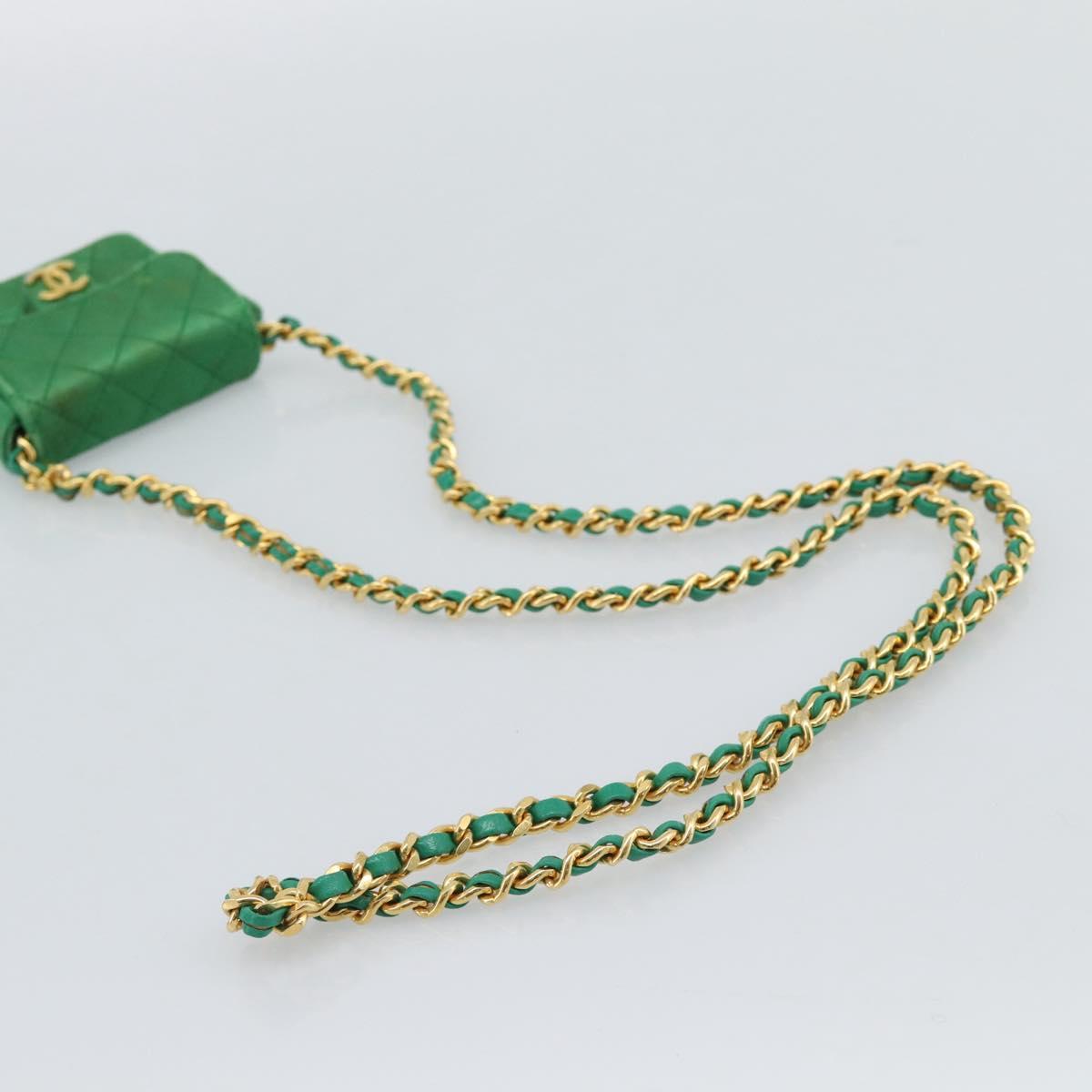 CHANEL Mini Matelasse Chain Pouch Shoulder Bag Satin Green Gold CC Auth 51271V