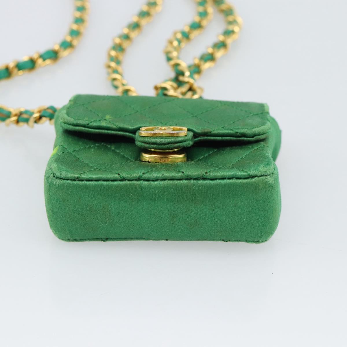 CHANEL Mini Matelasse Chain Pouch Shoulder Bag Satin Green Gold CC Auth 51271V