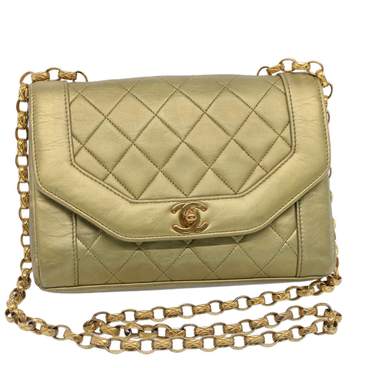 CHANEL Matelasse Turn Lock Chain Shoulder Bag Lamb Skin Gold CC Auth 51274A