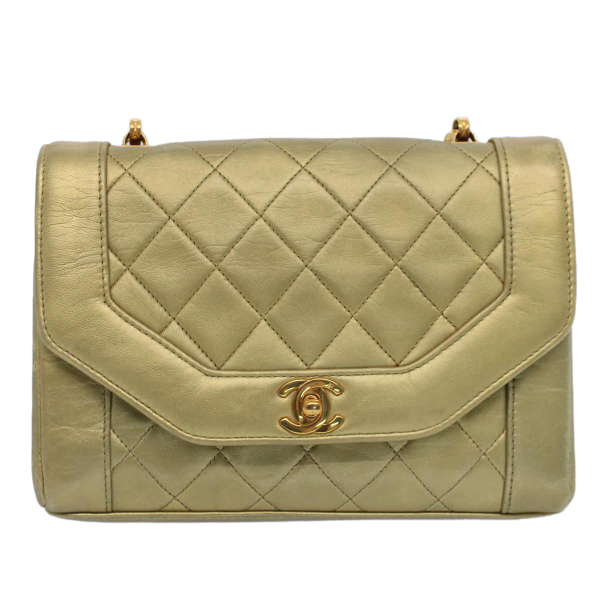CHANEL Matelasse Turn Lock Chain Shoulder Bag Lamb Skin Gold CC Auth 51274SAM
