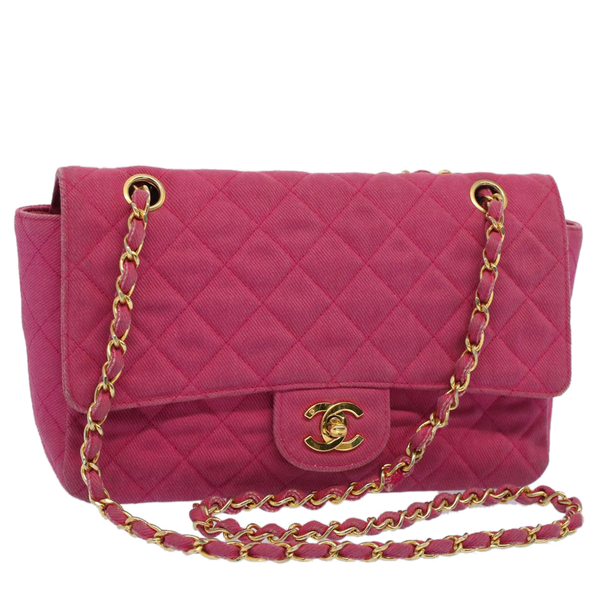 CHANEL Matelasse 25 Chain Flap Shoulder Bag Canvas Pink CC Auth 51276A