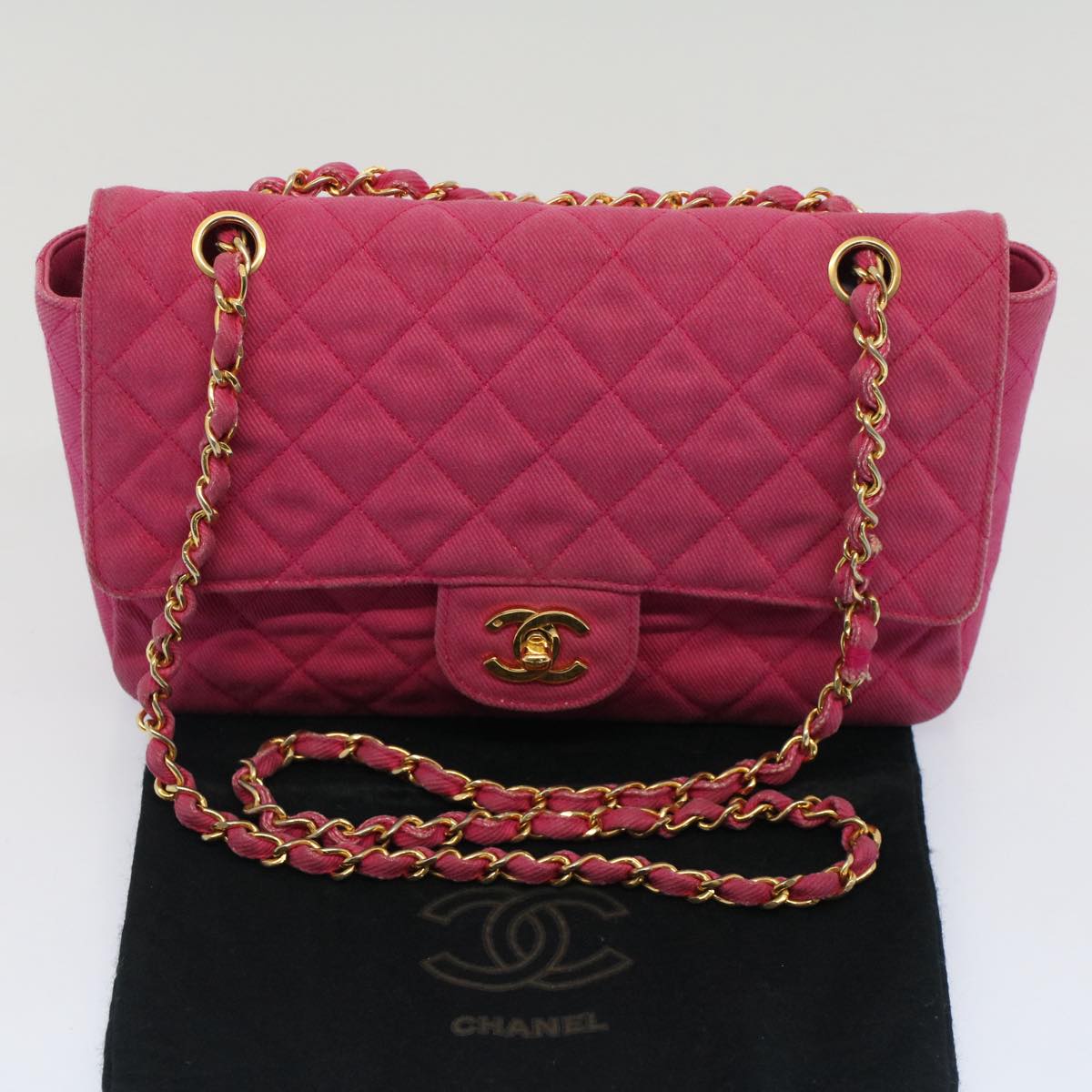 CHANEL Matelasse 25 Chain Flap Shoulder Bag Canvas Pink CC Auth 51276A