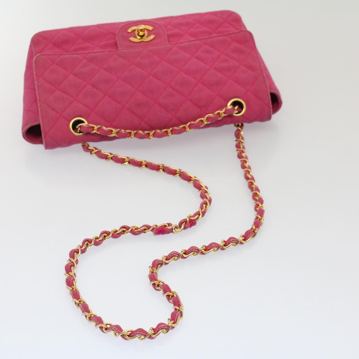 CHANEL Matelasse 25 Chain Flap Shoulder Bag Canvas Pink CC Auth 51276A