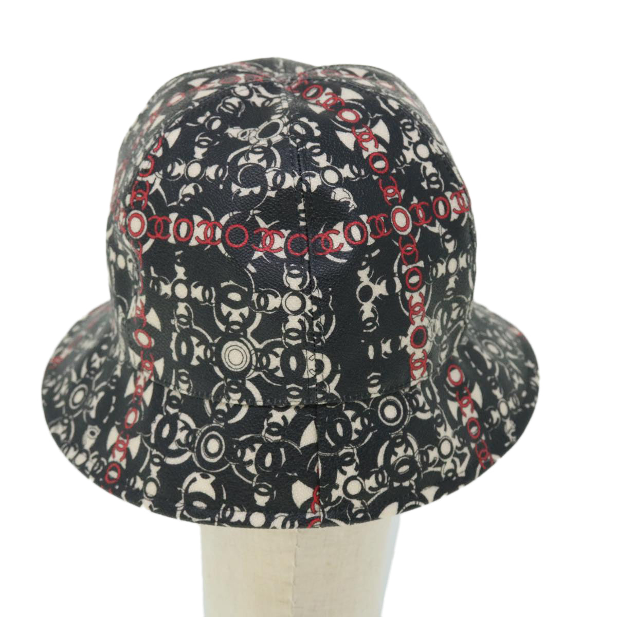 CHANEL COCO Mark Hat PVC Leather Black White Red CC Auth 51278