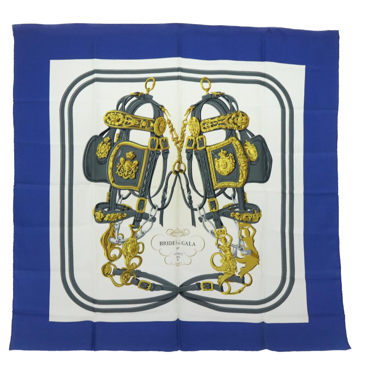 HERMES Carre 90 BRIDES de GALA Scarf Silk Blue Beige Auth 51321