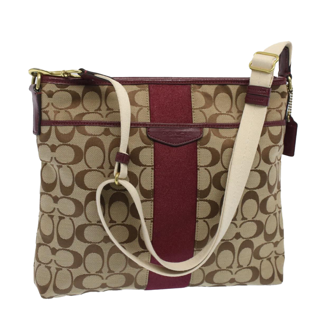 Coach Signature Shoulder Bag Canvas Beige Auth 51432