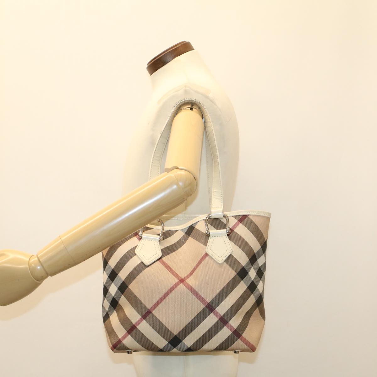 BURBERRY Nova Check Tote Bag PVC Leather Beige Auth 51455