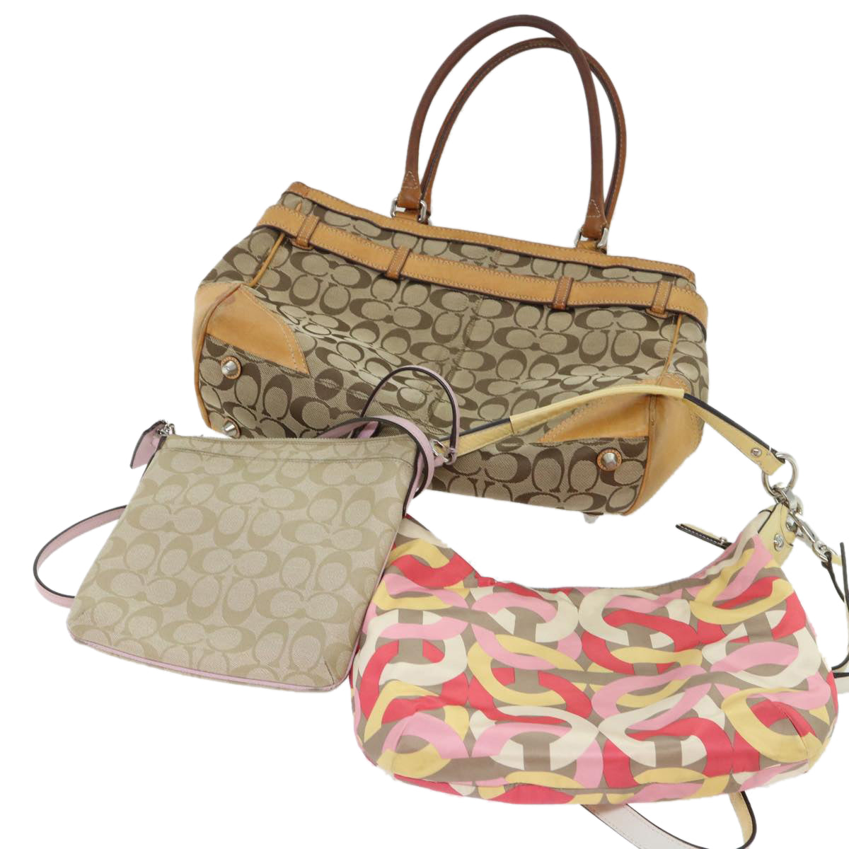 Coach Signature Shoulder Bag Canvas 3Set Beige Multicolor Auth 51698