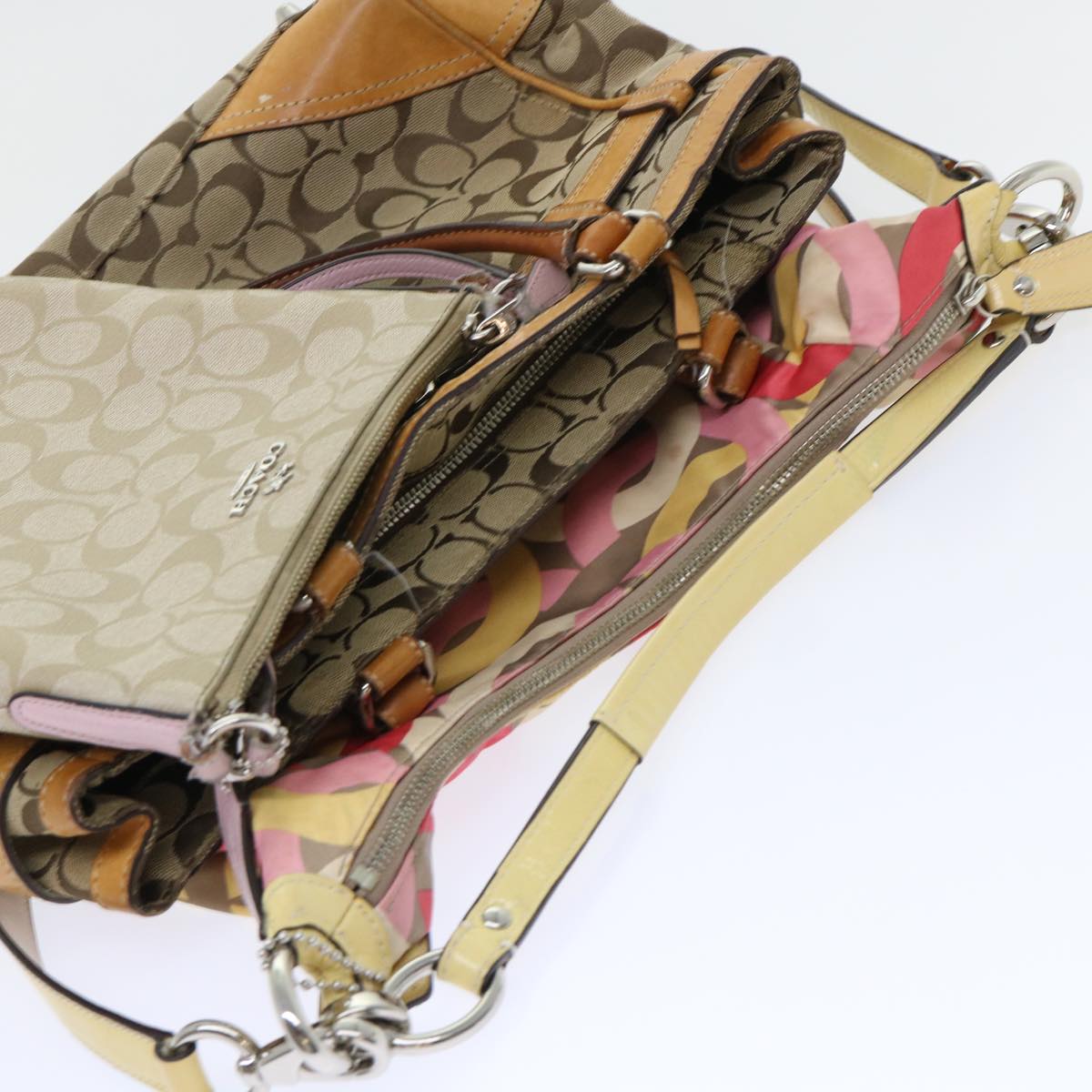 Coach Signature Shoulder Bag Canvas 3Set Beige Multicolor Auth 51698