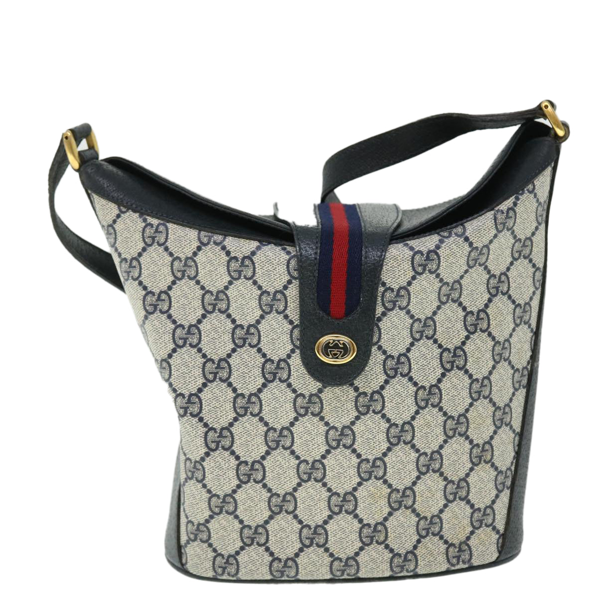 GUCCI GG Canvas Sherry Line Shoulder Bag PVC Leather Gray Red Navy Auth 52037