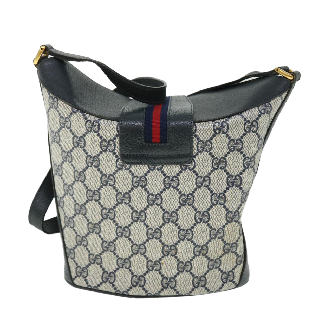 GUCCI GG Canvas Sherry Line Shoulder Bag PVC Leather Gray Red Navy Auth 52037