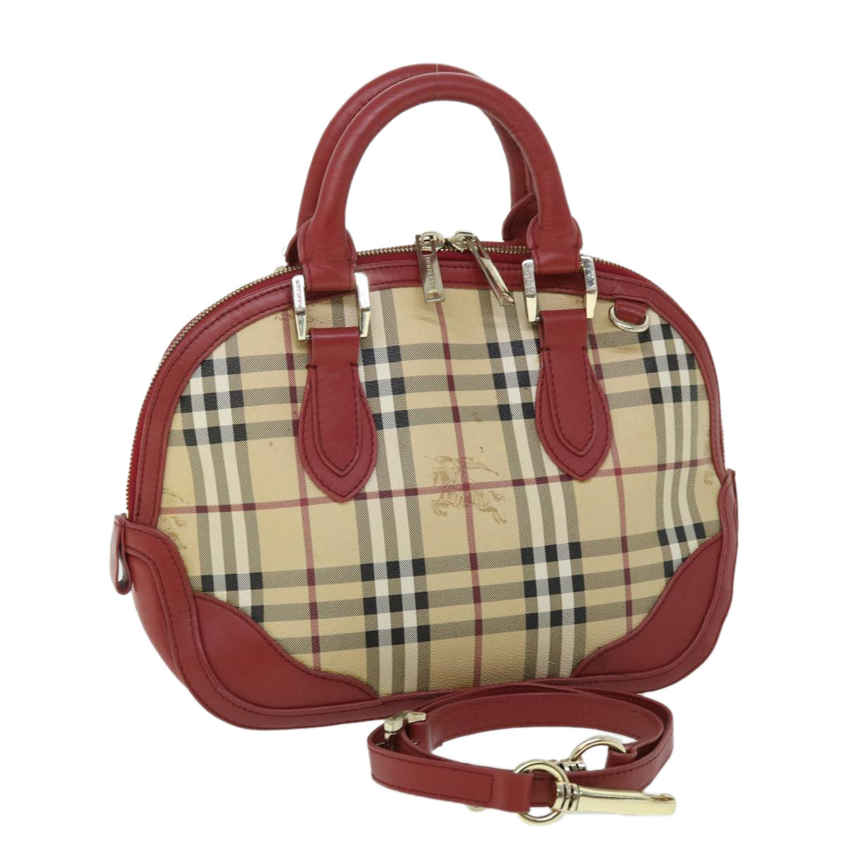 BURBERRY Nova Check Hand Bag PVC Leather 2way Beige Red Auth 52129