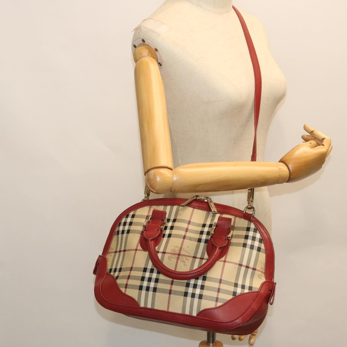 BURBERRY Nova Check Hand Bag PVC Leather 2way Beige Red Auth 52129