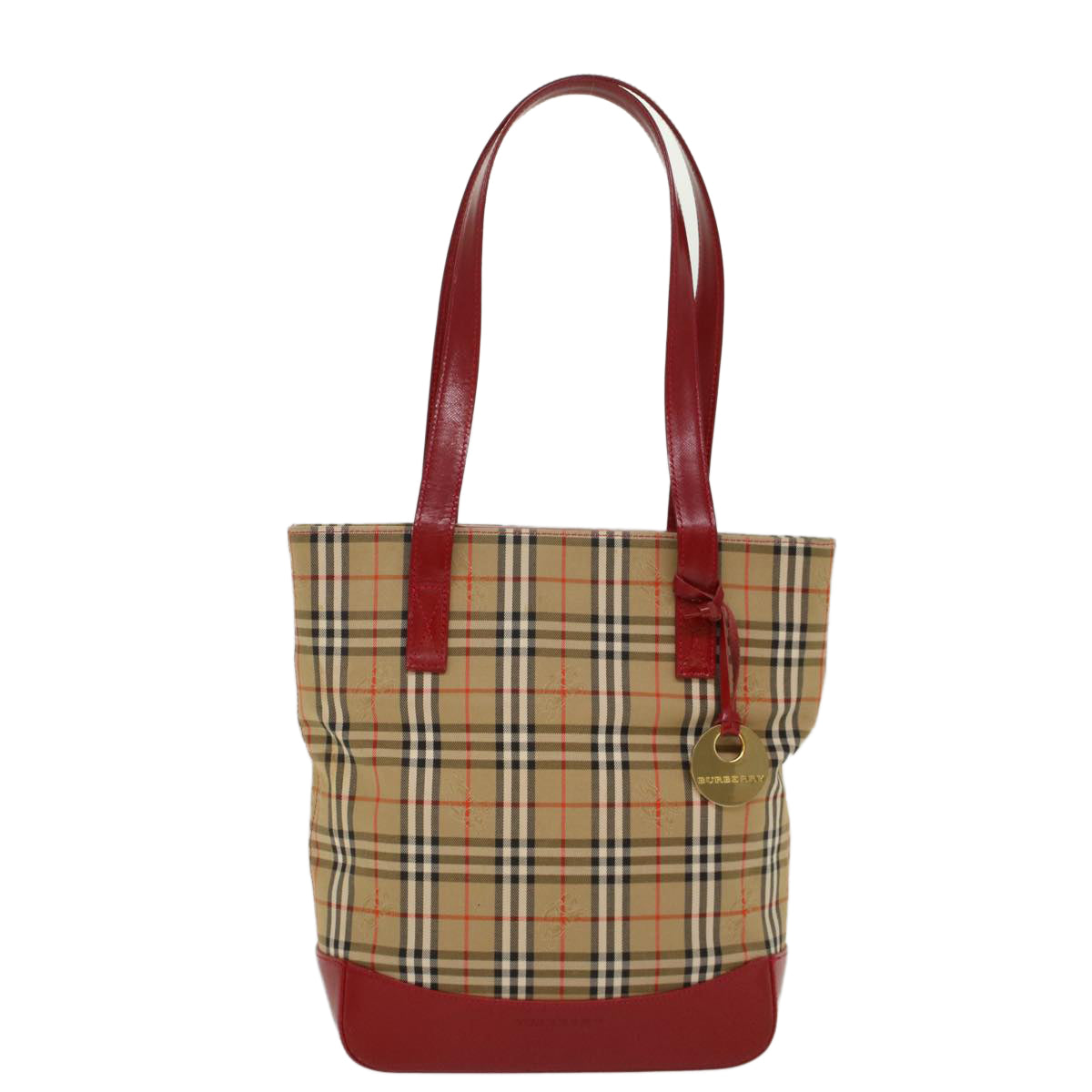 BURBERRY Nova Check Tote Bag Nylon Leather Beige Red Auth 52434