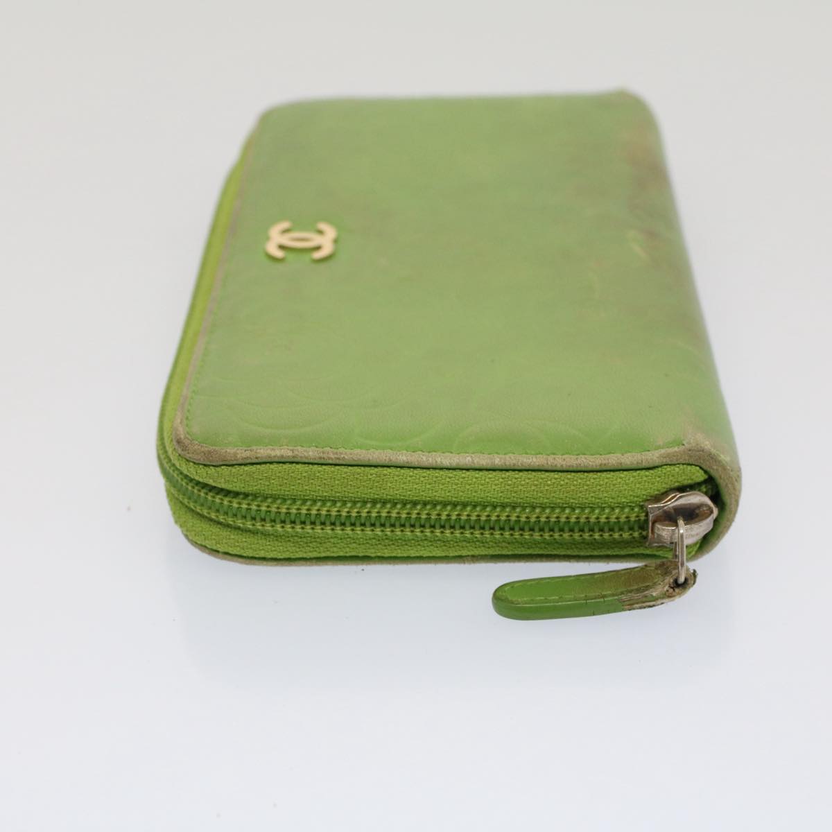 CHANEL Camelia Long Wallet Leather Green CC Auth 52452