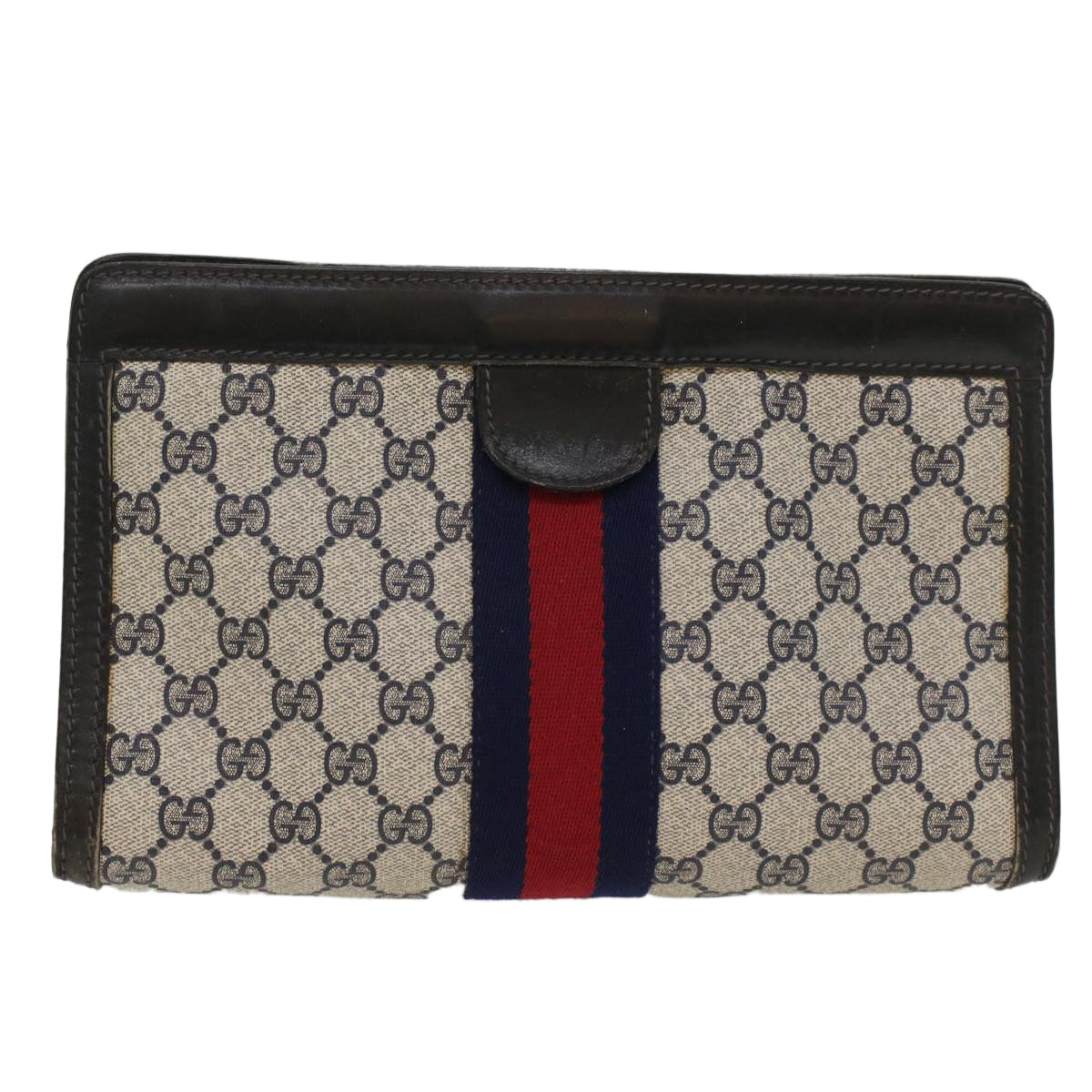 GUCCI GG Canvas Sherry Line Clutch Bag Gray Red Navy 41 014 2125 28 Auth 52492