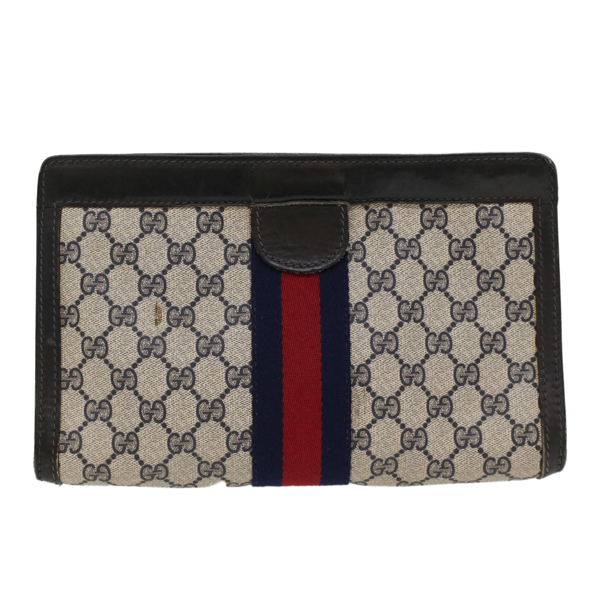 GUCCI GG Canvas Sherry Line Clutch Bag Gray Red Navy 41 014 2125 28 Auth 52492