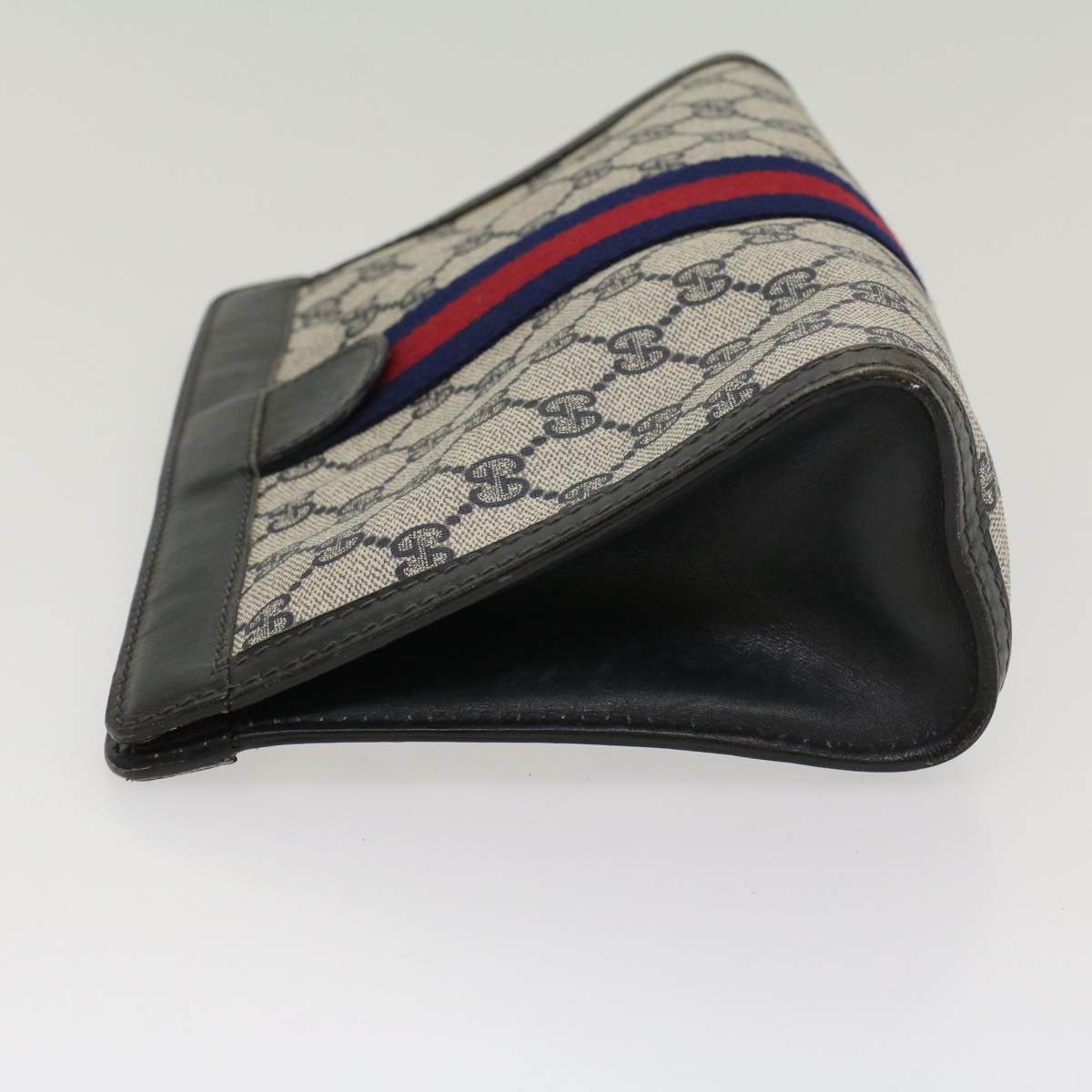 GUCCI GG Canvas Sherry Line Clutch Bag Gray Red Navy 41 014 2125 28 Auth 52492