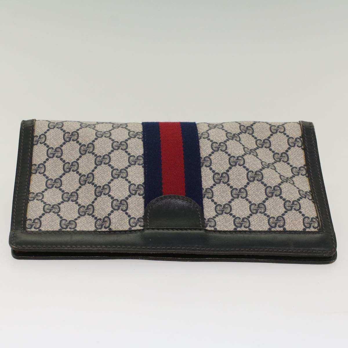 GUCCI GG Canvas Sherry Line Clutch Bag Gray Red Navy 41 014 2125 28 Auth 52492