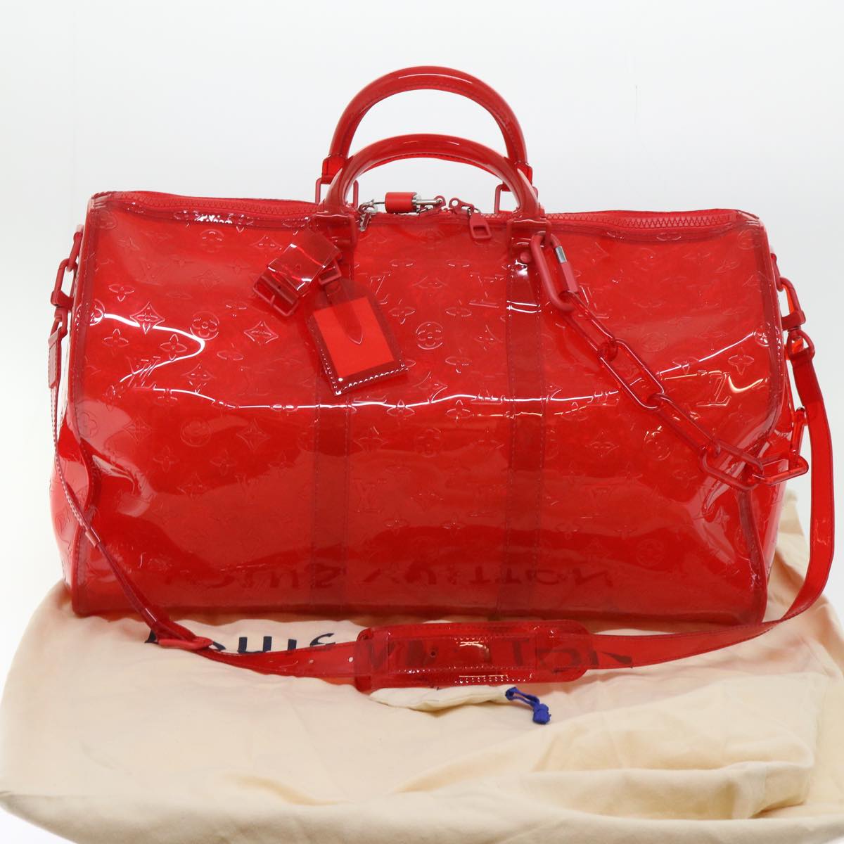 LOUIS VUITTON Monogram Vinyl Keepall Bandouliere 50 Bag Red M41416 Auth 52526A