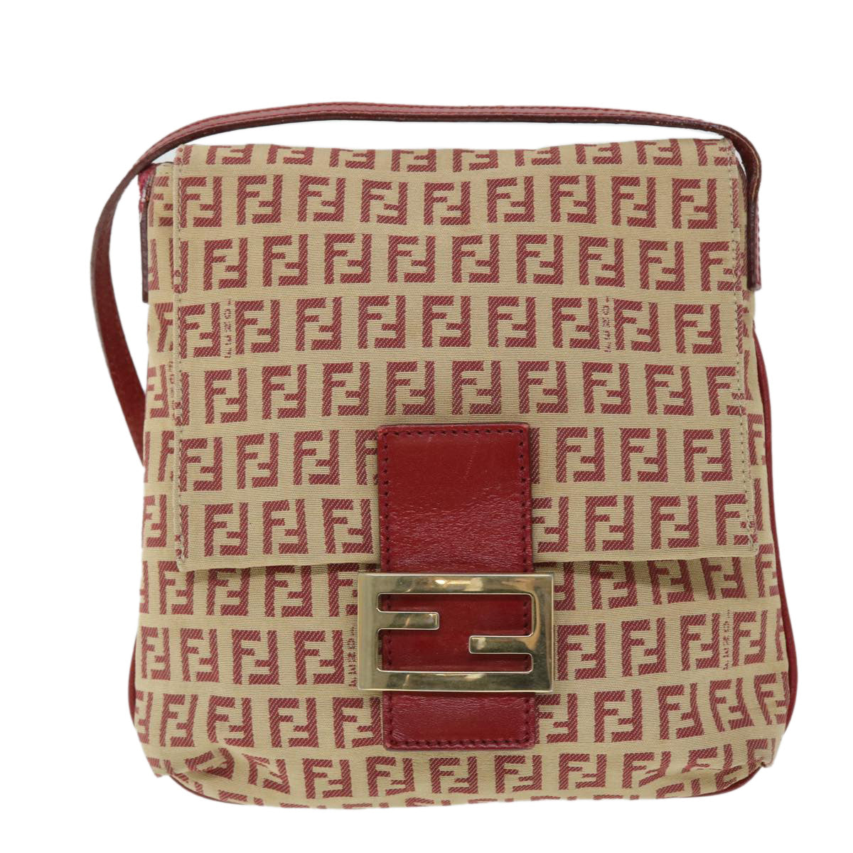 FENDI Zucchino Canvas Mamma Baguette Shoulder Bag Beige Red Auth 52738