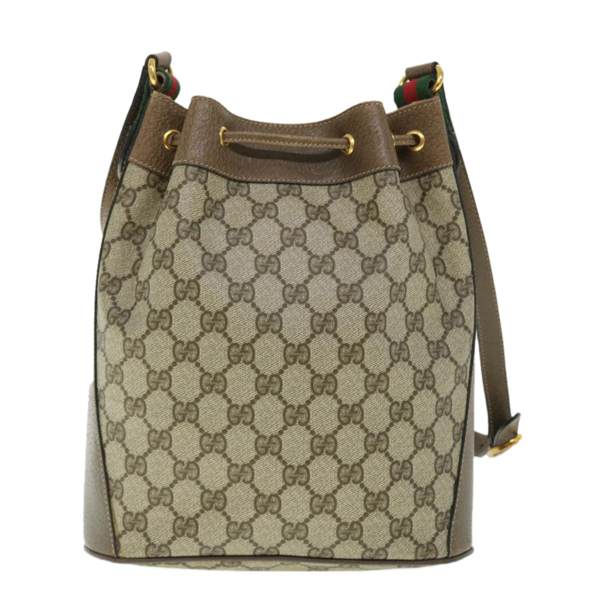 GUCCI GG Canvas Web Sherry Line Shoulder Bag PVC Leather Beige Green Auth 52761