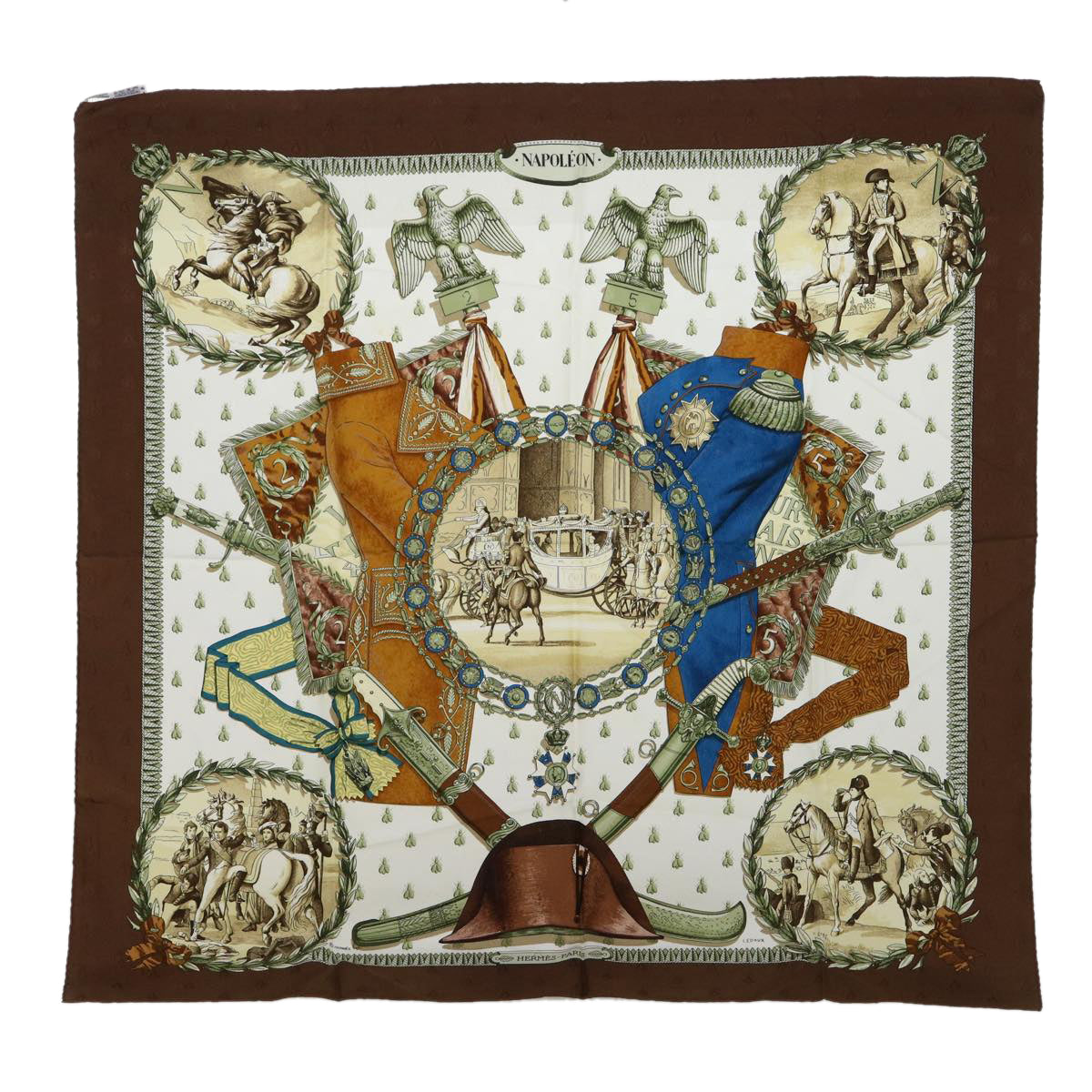 HERMES Carre 90 NAPLEON Scarf Silk Brown Auth 52779