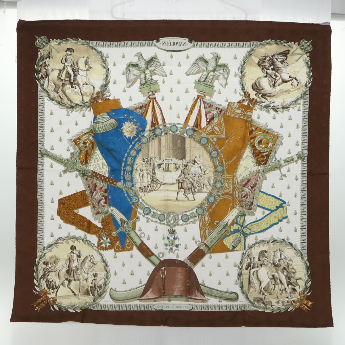 HERMES Carre 90 NAPLEON Scarf Silk Brown Auth 52779