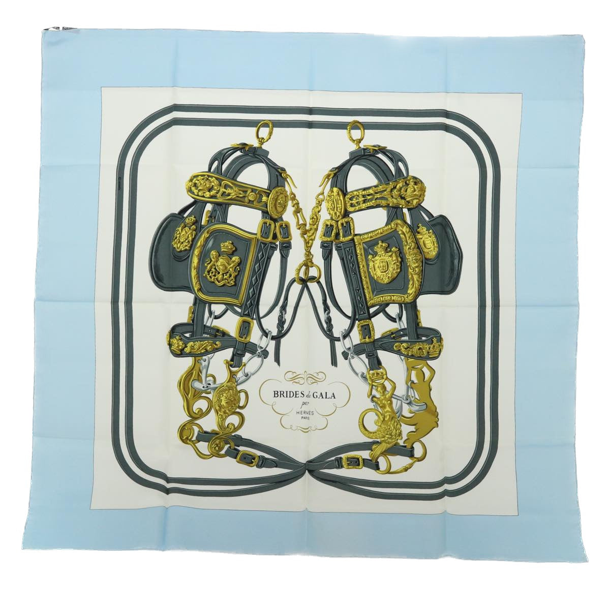 HERMES Carre 90 BRIDES de GALA Scarf Silk Light Blue White Auth 52944