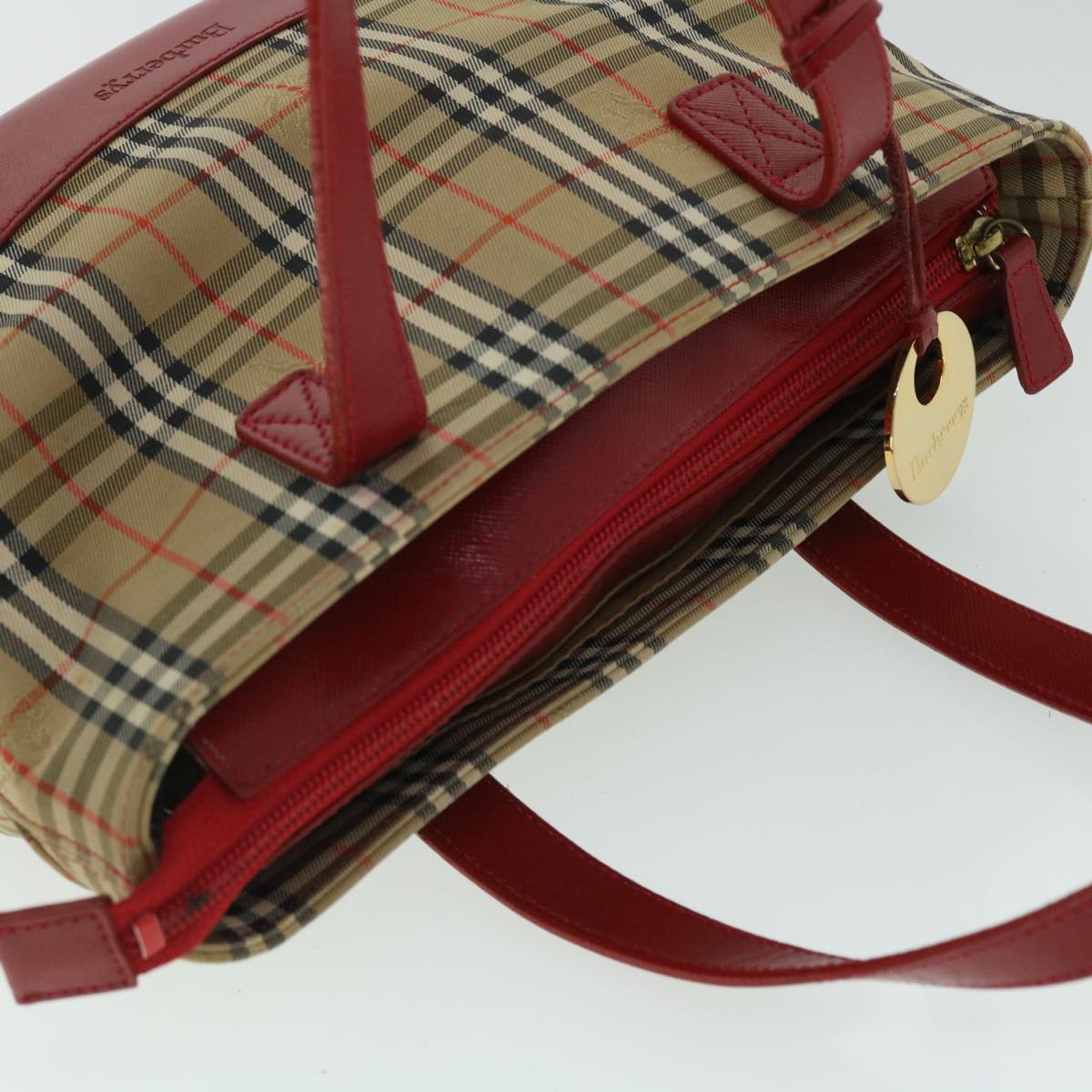 Burberrys Nova Check Hand Bag Canvas Beige Red Auth 53246