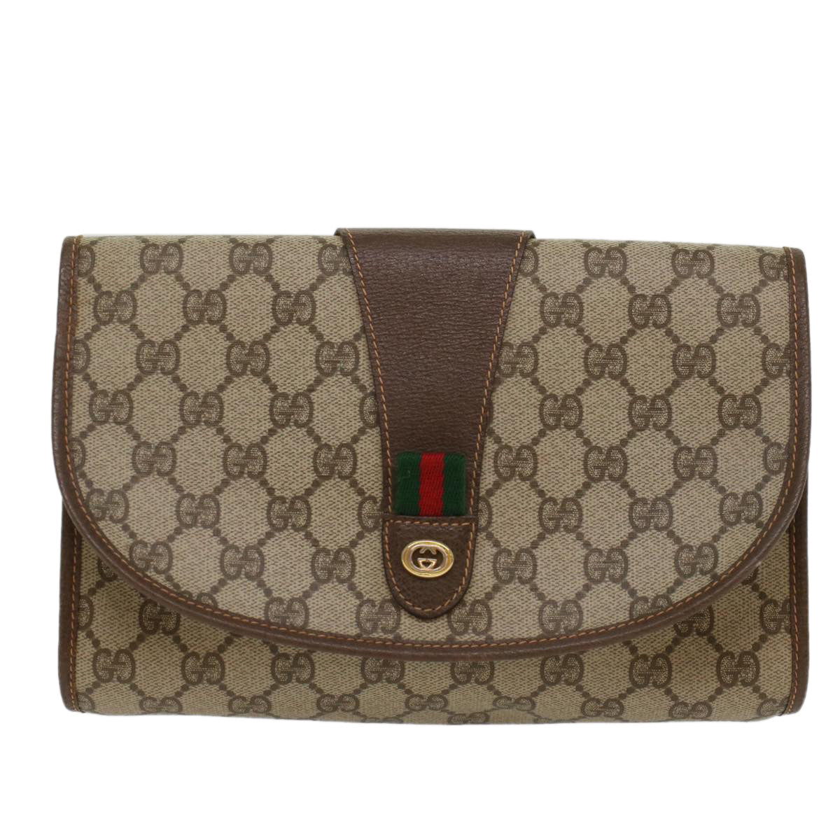 GUCCI GG Canvas Web Sherry Line Clutch Bag PVC Leather Beige Green Auth 53257