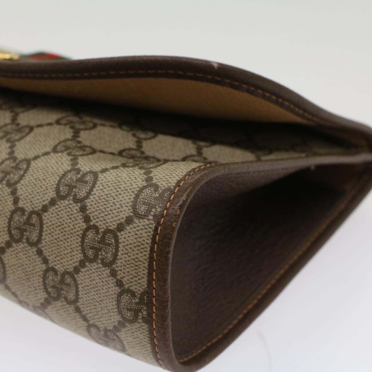 GUCCI GG Canvas Web Sherry Line Clutch Bag PVC Leather Beige Green Auth 53257